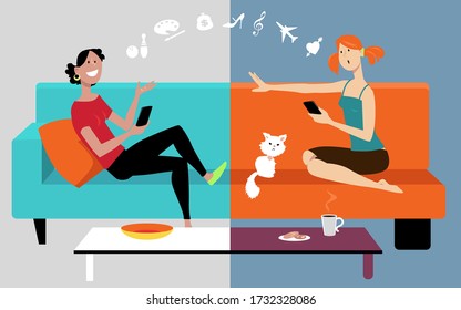 Two friends chatting on their smartphone, staying home, but still feeling close to each other, EPS 8 vector illustration