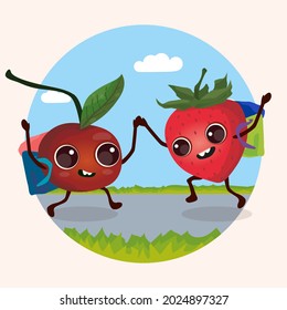 Two friends cherry and strawberry jump give high fives to each other