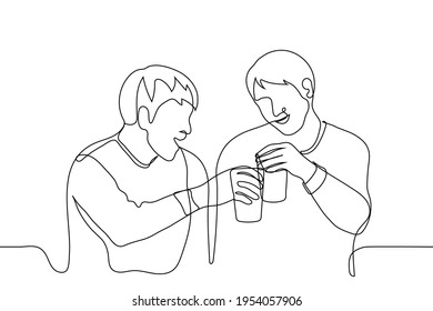 two friends clink glasses of beer and smile - one line drawing. meeting of friends, business partners celebrating success, colleagues drinking in a bar after work, two alcoholics enjoying alcohol