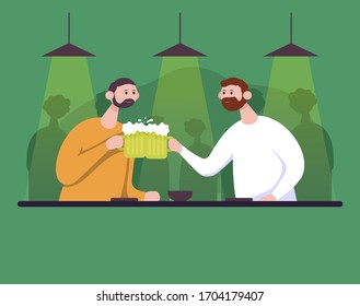 Two friends clinking glass beer in bar. Flat cartoon vector color illustration.