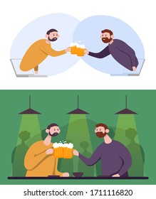 Two friends clinking glass beer offline and online. They drove from laptops. Color cartoon vector illustration. Concept stay home for coronavirus epidemic quarantine.