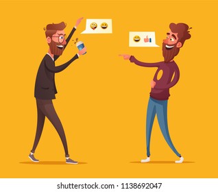 Two friends or colleagues having fun. Cartoon vector illustration. Loud laughter. Funny joke. Two bearded characters in office. Communicating male