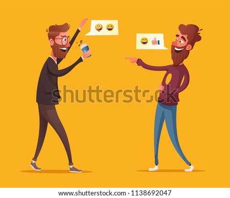 Two friends or colleagues having fun. Cartoon vector illustration. Loud laughter. Funny joke. Two bearded characters in office. Communicating male