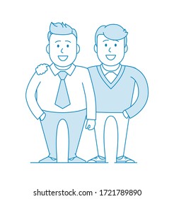 Dos amigos o colegas están de pie juntos. Foto para memoria. Equipo de especialistas.Feliz de estar juntos. Ilustración en estilo de arte en línea. Vector