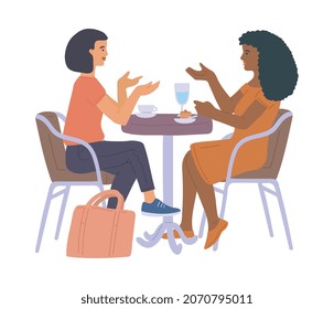 Two friends or colleagues women sitting at a table in street cafe or restaurant and have fun talking, flat vector illustration isolated on white background.