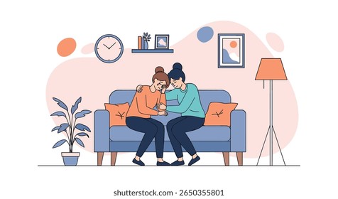Dois amigos confortando um ao outro no sofá durante um tempo difícil apoiando e empatia