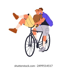 Two friends cycling together on bicycle. Happy funny young people enjoying bike ride. Laughing joyous men and having fun. Joyful male cyclists. Flat vector illustration isolated on white background