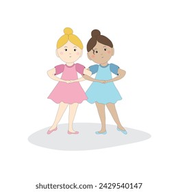 Two friends are dancing. Girls. Small children. Blond and brunette. Icon. Card. Pink and blue dress. Cute illustration. Happy. Activity.