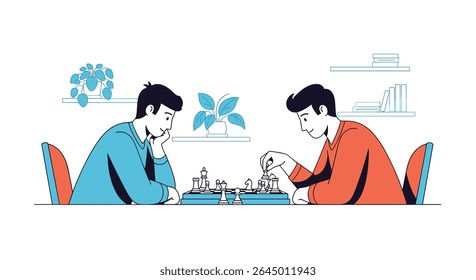 Two Friends Deep in Thought Playing a Game of Chess at Home Together