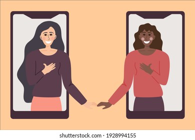 Two friends of different races communicate on the phone. Help and support of a loved one through a smartphone. Conversations remotely. Vector illustration. The concept of friendship.