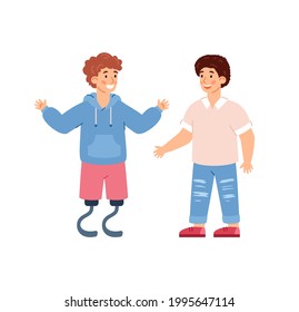 Two friends - disabled boy with prosthetic limb and healthy child, cartoon vector illustration isolated on white background. Children with disabilities social adaptation.