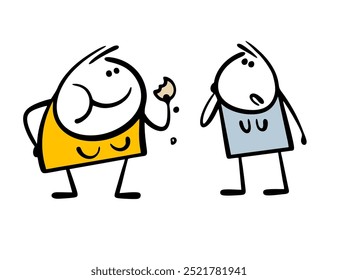 Two friends are discussing a diet. Vector illustration of a hungry slender woman looking at   fat girl eating cookies. Funny characters, healthy lifestyle and body positive.