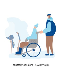 Two friends dressed in winter clothes walking in the park. Man in wheelchair and teenage boy spending time together.  Person with disability accompanies by young volunteer. Vector  flat illustration