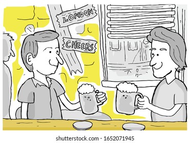 two friends drinking beer at the bar. cartoon.