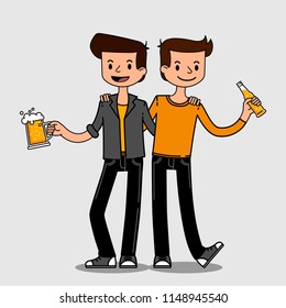 Two friends drinking beer. Friendship illustration. Party with beer.