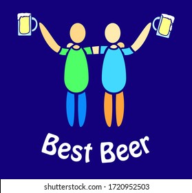 Two friends drinking beer together on a blue background.