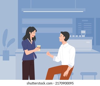 Two friends are drinking coffee and talking in the break room. cafe background flat design style vector illustration.