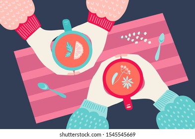 Two friends drinking tea. Winter Coffee Break with cozy Cup and Mug. Top view of table in cafe. Woman friendship. Friendly support in difficult times, woman conversation in cafe. Vector illustration.