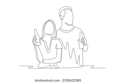 Two friends drinking while hanging out. Drinks outdoor concept one-line drawing