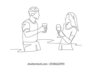 Two friends drinking while hanging out. Drinks outdoor concept one-line drawing