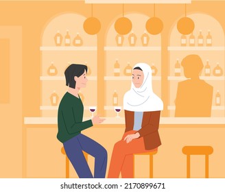 Two friends are drinking wine in a bar and talking. A woman is wearing a hijab. flat design style vector illustration.