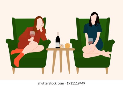 Two friends drinking wine at home vector stock illustration. Girls talking while sitting in a green chair. Evening conversation in the house of friends. Isolated on a warm background.