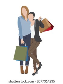 Two friends embracing and carrying shopping bags. Isolated vector