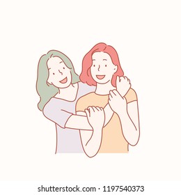 Two friends embracing lovingly. hand drawn style vector design illustrations.