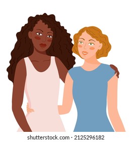 Two friends embracing lovingly. Portrait of two multiracial women girlfriends cuddling. Multicultural girls hugging flat cartoon vector illustration. Female movement, activists feminism.