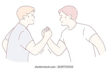 Two friends engage in a playful arm wrestling match, showcasing their strong bond and friendly competition