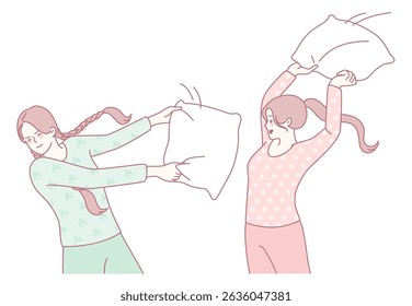 Two friends are engaging in a lively and cheerful pillow fight, beautifully showcasing the joy of their friendship