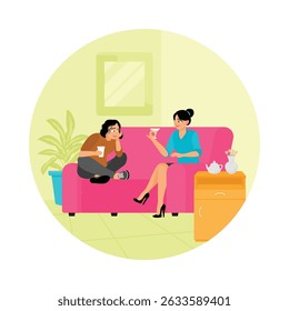 Two friends enjoy a gossiping while sitting on a sofa, drinking tea. The setting is cozy, featuring a bright room, a pink sofa, potted plants, and a friendly atmosphere. Talking concept.