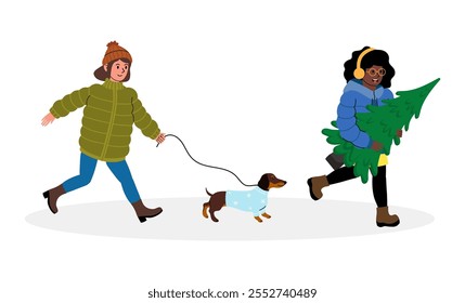 Two friends enjoy outdoor winter fun while walking a dog and carrying a Christmas tree