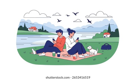 Two friends enjoying a beautiful day outdoors by the water with their phones and a cute dog beside them