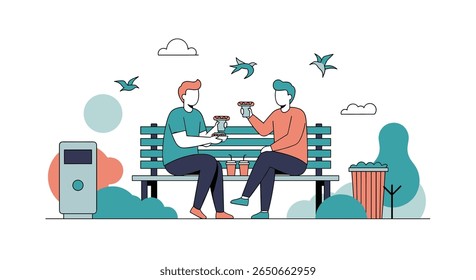 Two friends enjoying coffee and conversation on a park bench on a sunny day surrounded by nature and birds flying overhead