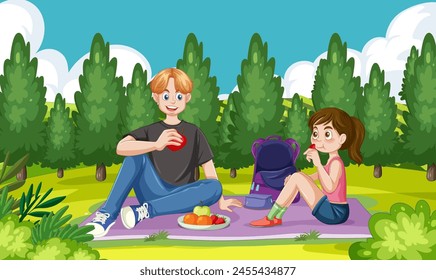 Two friends enjoying a picnic in a lush park.
