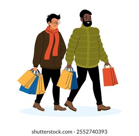 Dos amigos disfrutando de un día de compras juntos mientras llevan bolsas de colores