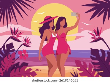 Two friends enjoying a summer holiday vacation at the beach, taking a selfie. Flat illustration style with vibrant colors, perfect for travel, lifestyle, or friendship themed projects
