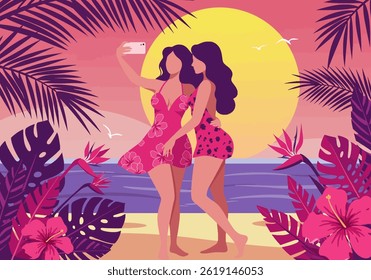 Two friends enjoying a summer holiday vacation at the beach, taking a selfie. Flat illustration style with vibrant colors, perfect for travel, lifestyle, or friendship themed projects