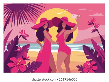Two friends enjoying a summer holiday vacation at the beach, taking a selfie. Flat illustration style with vibrant colors, perfect for travel, lifestyle, or friendship themed projects