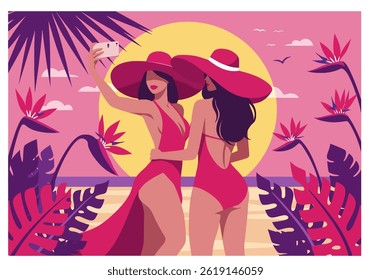 Two friends enjoying a summer holiday vacation at the beach, taking a selfie. Flat illustration style with vibrant colors, perfect for travel, lifestyle, or friendship themed projects