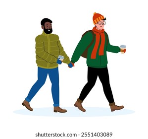 Dois amigos desfrutando de um passeio de inverno com café em uma paisagem nevada