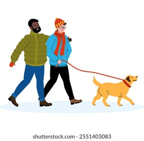 Two friends enjoying a winter walk with a golden retriever in a snowy setting