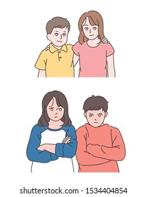 The two friends are friendly. Two friends have a fighting look. Or brother and sister. hand drawn style vector design illustrations. 