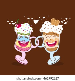 Two friends, funny cartoon dessert glasses happy smiling and dancing. Vector flat illustration isolated.