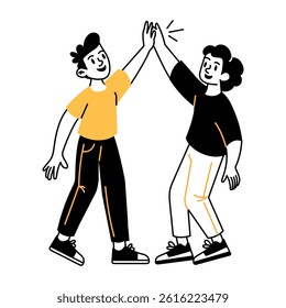 Two friends giving high five, hand drawn style illustration 
