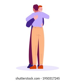 Two friends greet each other at hug. Vector illustration in flat cartoon style. Isolated on a white background.
