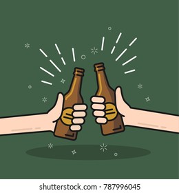 Two friends hands holding the beer bottles. Vector illustration in flat style. Toasting with bottles of beer at the pub.
People clinking beer.