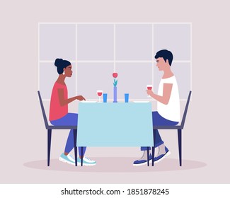 Two Friends Have Dinner In A Restaurant. Young Couple Having Dinner In A Restaurant. Romantic Date. Drink Wine. Colorful Flat Vector Illustration.