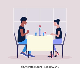 Two Friends Have Dinner In A Restaurant. Young Couple Having Dinner In A Restaurant. Romantic Date. Drink Wine. Colorful Flat Vector Illustration.